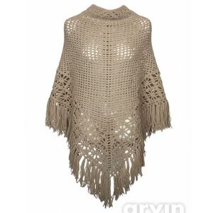 HANDMADE Vintage Crochet Triangular Shawl Scarf Wrap Beige Boho Hippie Fringe